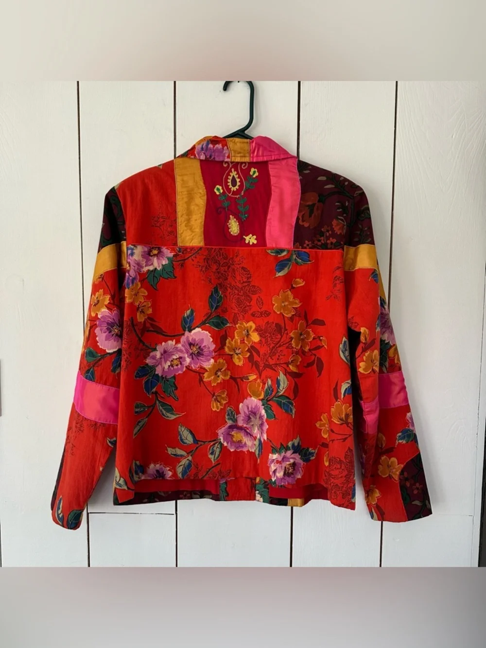 Vintage 90s Embroidered Patchwork Jacket Sz L Multicolor Art-to-Wear Maximalist